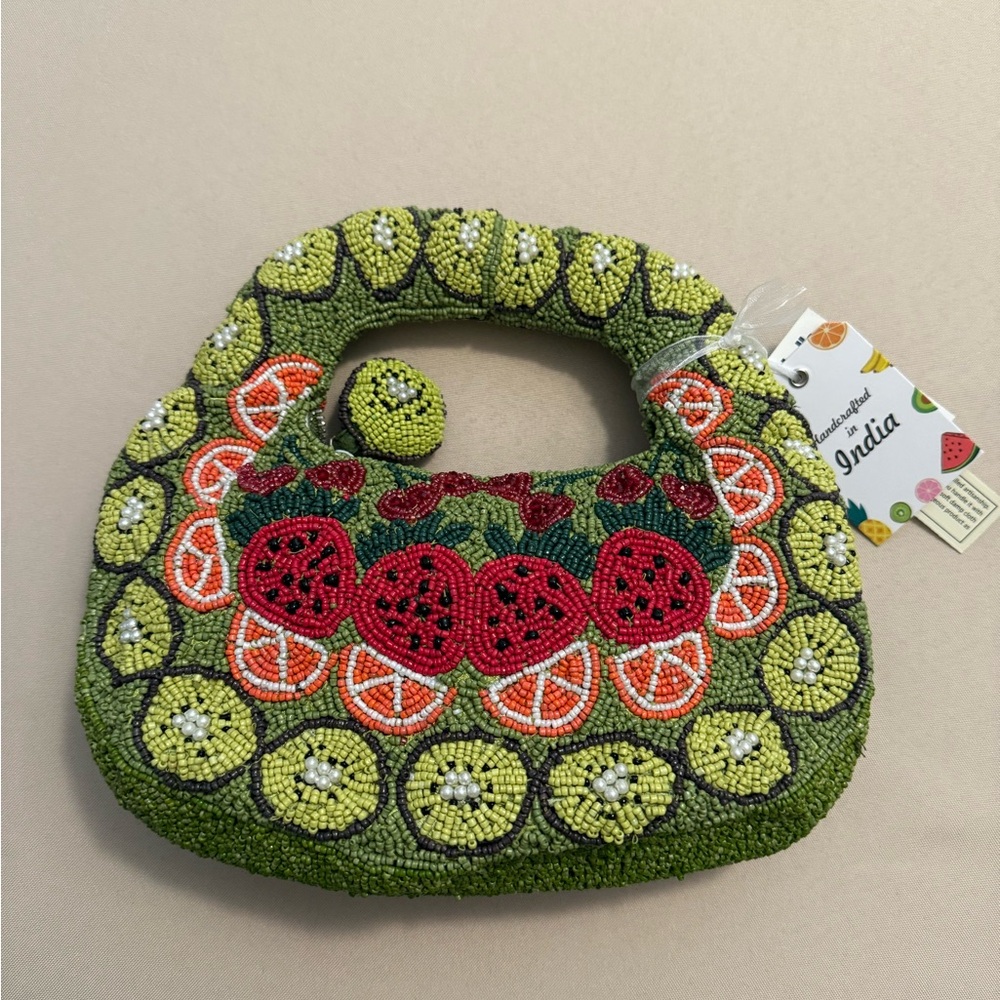 Handcrafted in India Beaded Bag Fruits with Kiwi Charm Zipper Pull